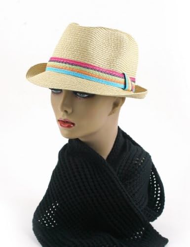 Summer Cool Straw Hipster Fedora Hat Colorful Band 119HF (Natural)