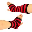 Knit Striped Arm Warmer Fingerless Long Gloves Red with Black