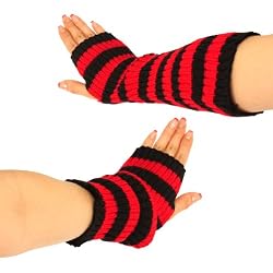Knit Striped Arm Warmer Fingerless Long Gloves Red with Black