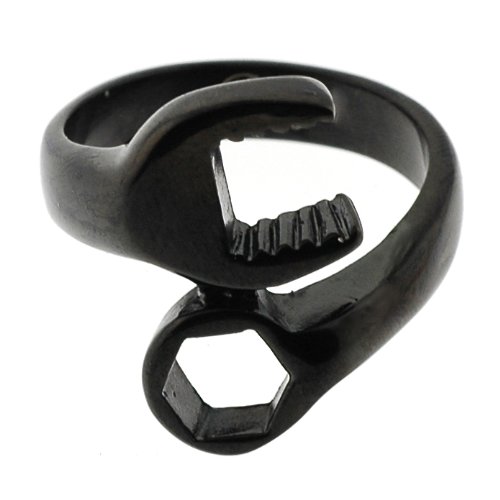 316L Stainless Steel Black Plated Ring in Wrench Design - 4.5mm Band Width - Size: 9-15