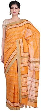 Indian Artizans Orange Hand Block Printed Cotton Silk Saree