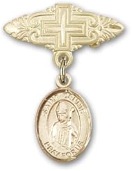 Gold Filled Baby Badge with St. Dennis Charm and Badge Pin with Cross