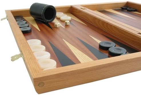 Mahogany Backgammon Set with Colored Inlays - Large Wooden Case 19"