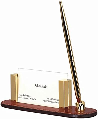 Elegant Business Cards Desk Organizer with Pen ~ Business Leather Credit Card Holder for Your Desk (Gold with Leather Bottom)