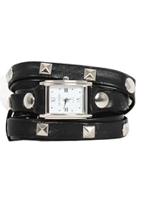 Big Stud Rectangle Face Wrap Watch with Silver Accents in Black