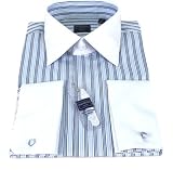 Mens Modena Blue White Striped French Cuff Dress Shirt - Size 17 32/33