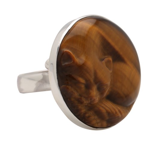 Sajen Sterling Silver Carved Tiger Eye Sleeping Cat Ring, Size 6