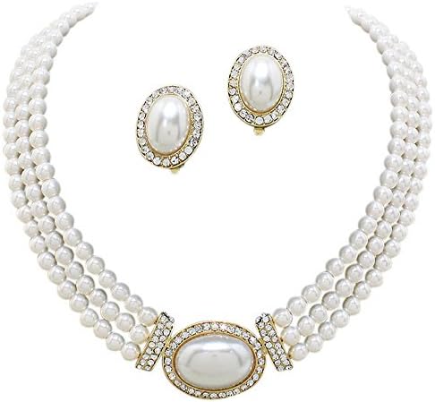 Elegant 3 Strand Cream Off White Pearl Tone Drop Bridal Necklace CLIP ON Earring Set W4