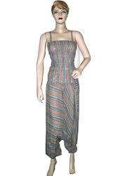 Harem Baggy Smock Waist Jumpin Suit Cool Gray Striped Yoga Dress