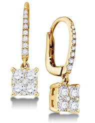 18K Yellow Gold Round Brilliant Cut Diamond - Square Princess Shape Invisible & Channel Set Dangle Earrings - (.83 cttw.)