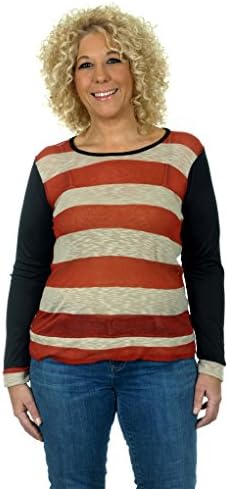 Women's Plus Size Striped Fashion Top with Sheer Long Sleeves (1X, Tan-Rust)