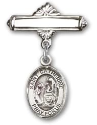 Sterling Silver Baby Badge with St. Catherine of Siena Charm and Polished Badge Pin