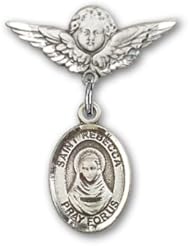 Sterling Silver Baby Badge with St. Rebecca Charm and Angel with Wings Badge Pin