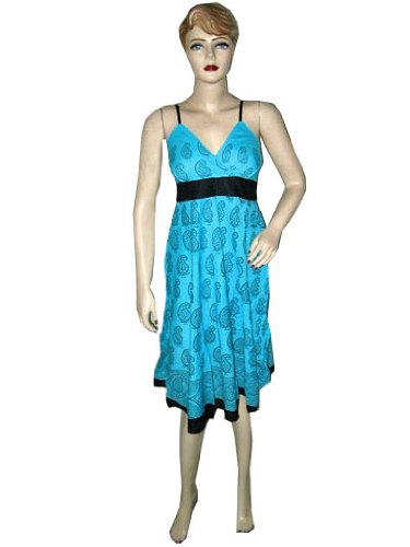 Dodger Blue and Black Printed Cotton Summer Wear Spaghetti Dress