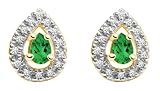 10k Yellow Gold, May Birthstone, Lab-Created Emerald and Diamond Pear Shaped Earrings