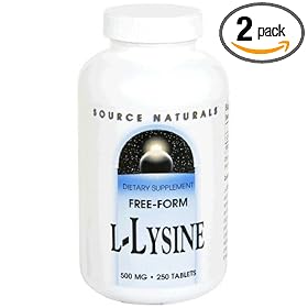 Source Naturals L-Lysine, Free-Form, 500mg, 250 Tablets (Pack of 2)