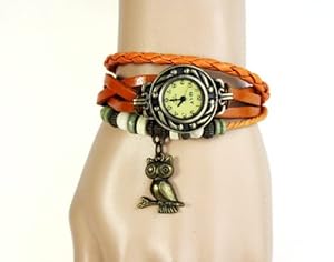 Top Seller Newest Vintage Women Leather Quartz Owl Pendant Bead Bracelet Wrist Watch