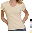 Anvil Ladies' 1x1 Rib Short-Sleeve Mitered V-Neck, (A-1452)