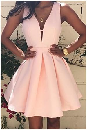 Women's Sexy Party Dress Pink Deep V Neck Sleeveless Pleated Short Prom Dress (S)