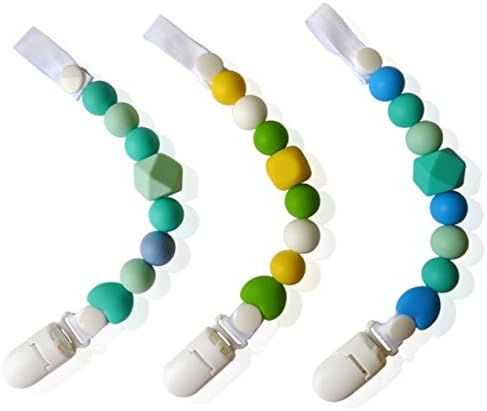 Pacifier Clip Baby BOYS - 3 Pack Set. Infant &amp; Toddler Silicone Pacifier Holder Best For Teething Pain Relief, Teething Ring &amp; Pacifier With Handle. BPA-Free Fun Shapes and Colors by HunnyTots