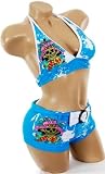 Sexy Blue Boyshorts Bathing Suit Skull Tattoo Rhinestone Bikini Triangle Halter Top Swimsuit
