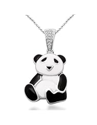 Jewelili Diamond Accent Enamel Panda Pendant in Sterling Silver - 18" Chain