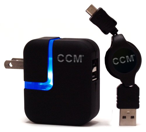 CCM® Dual USB Wall Charger For HTC HD 7 With Retractable USB DataSync and Charging Cable