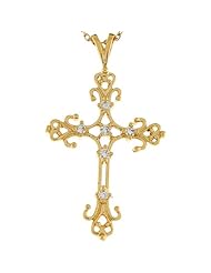 10k 3.6cm Yellow Gold White CZ Accent Ornate Lovely Cross Religious Pendant
