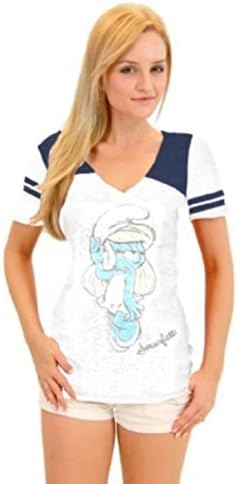 True Vintage The Smurfs Smurfette Pose Juniors Burnout White and Navy T-shirt with Striped Sleeves (Juniors Medium)