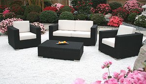 NOBLESSE Roma, Gartenmöbel Rattan 1 Sitzbank, 2 Sessel, 1 Tisch. schwarz