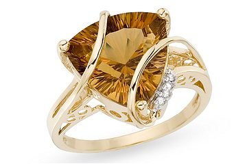 5 Carat Cognac Quartz and Diamond Trillion-Cut 14K Gold Ring