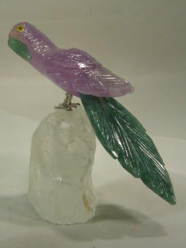 Hand Carved Amethyst Parrot Bird with Green Quartz Tail on Quartz Perch Sculpture