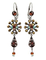 Michal Negrin Dangle Earrings with Brown Swarovski Crystals and Tear Drops - Hypoallergenic, Hand-made in Israel