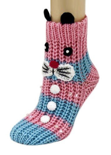 Pink and Blue Bunny Rabbit Knitted Non Skid 3d Animal Slipper Socks