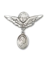 Sterling Silver Baby Badge with St. Theresa Charm and Angel with Wings Badge Pin