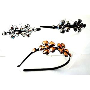 Rhinestone Bling Fashion Metal Headband Tiara with Metal Bling Flowers Set of 3