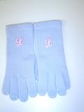 G241, Light Blue Color Angora Wool Gloves Trimmed with Pink Monogram Letter for Men Women and Teens