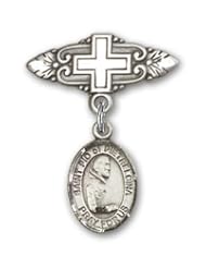 Sterling Silver Baby Badge with St. Pio of Pietrelcina Charm and Badge Pin with Cross