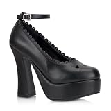 5 Inch Cute Platform Gothic Shoe Chunky Heel With Ankle Strap Scalloped Trim Black Poly