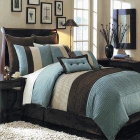 12 PIECES BEDDING SET LUXURY HUDSON COMFORTER SET FULL SIZE BLUE BROWN AND OFF WHITE. INCLUDES: 1- COMFORTER, 1- BED SKIRT WITH 15" DROP 2- STANDARD PILLOW SHAMS 2- EURO PILLOW SHAMS. 1- DECORATIVE PILLOW 12" x 18" 1- DECORATIVE PILLOW 18" x 18" 1- FLAT SHEET 1- FITTED SHEET MADE WITH ELASTIC ALL AROUND & 15" DEEP POCKETS. 2- STANDARD PILLOW CASES. USUALLY SHIPS WITHIN 1-2 BUSINESS DAYS UNLESS THERE IS A PROBLEM.