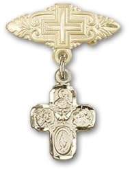 14kt Gold Baby Badge with 4-Way Charm and Badge Pin with Cross