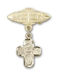 14K Gold Baby Badge with 4-Way Charm and Badge Pin with Cross