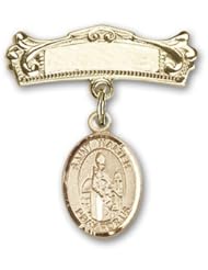 Gold Filled Baby Badge with St. Walter of Pontnoise Charm and Arched Polished Badge Pin