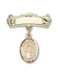 14K Gold Baby Badge with St. Walter of Pontnoise Charm and Arched Polished Badge Pin