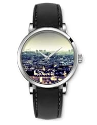 SPRAWL Aanalog Fashion Series Silver Ladies Watches of Genuine Black Leather Strap,Unique Wrist Watch for Women Girls Designed with City View