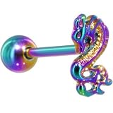 Rainbow Titanium Anodized 3-D DRAGON Barbell Tongue Ring