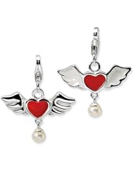 Sterling Silver 3-D Winged Red Heart FW Cult Pearl w/Lobster Claw Clasp Charm