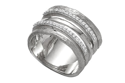 14K White Gold Hand-Crafted Matte-Finish Designer Ring, Enhanced with Pave Set Diamonds.