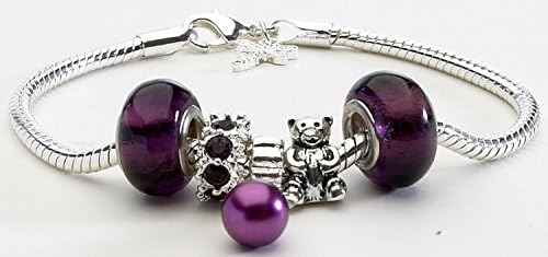 Purple Charm Bracelet With 5 Charms Including A Teddy Bear And Glass Beads. Measures Approx. 19cm