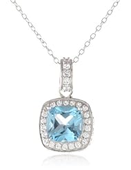 Sterling Silver Genuine Gemstone with Created White Sapphire Cushion Pendant Necklace, 18"